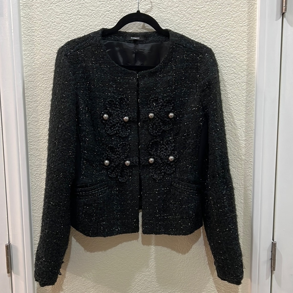 Express black dress blazer with hook front closures.